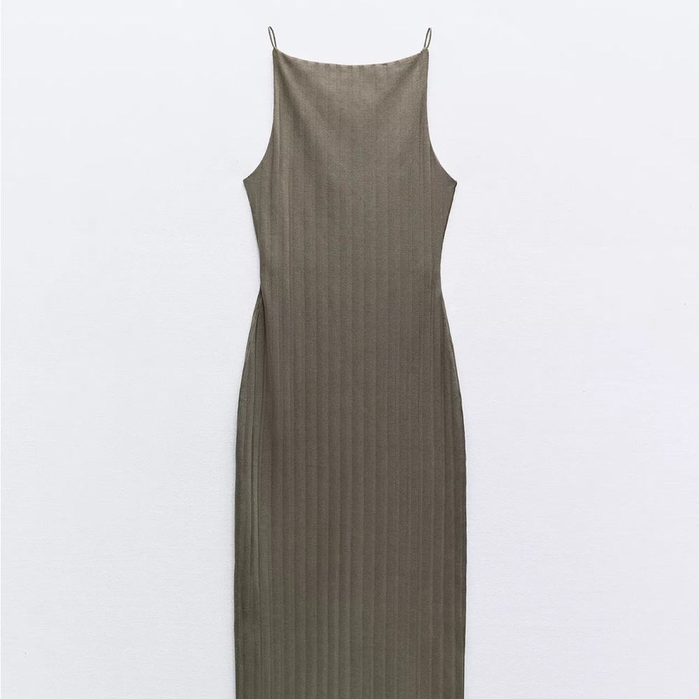 Zara Ribbed Midi Dress Khaki Size S